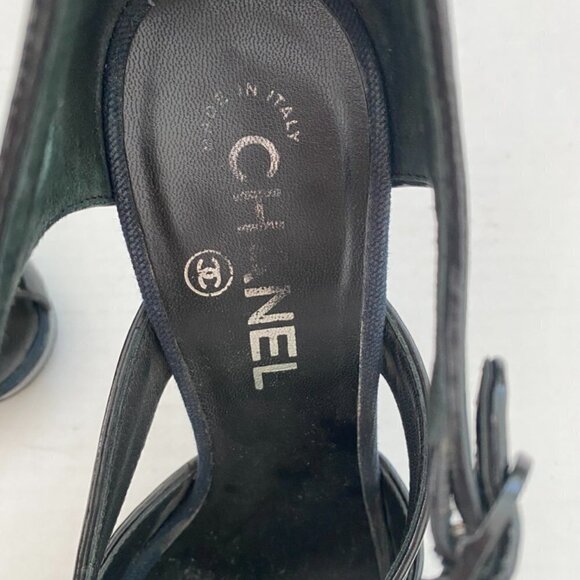 Chanel Black Patent Blue Fabric Platform Heels Size 38 US 7.5 - Picture 5 of 8